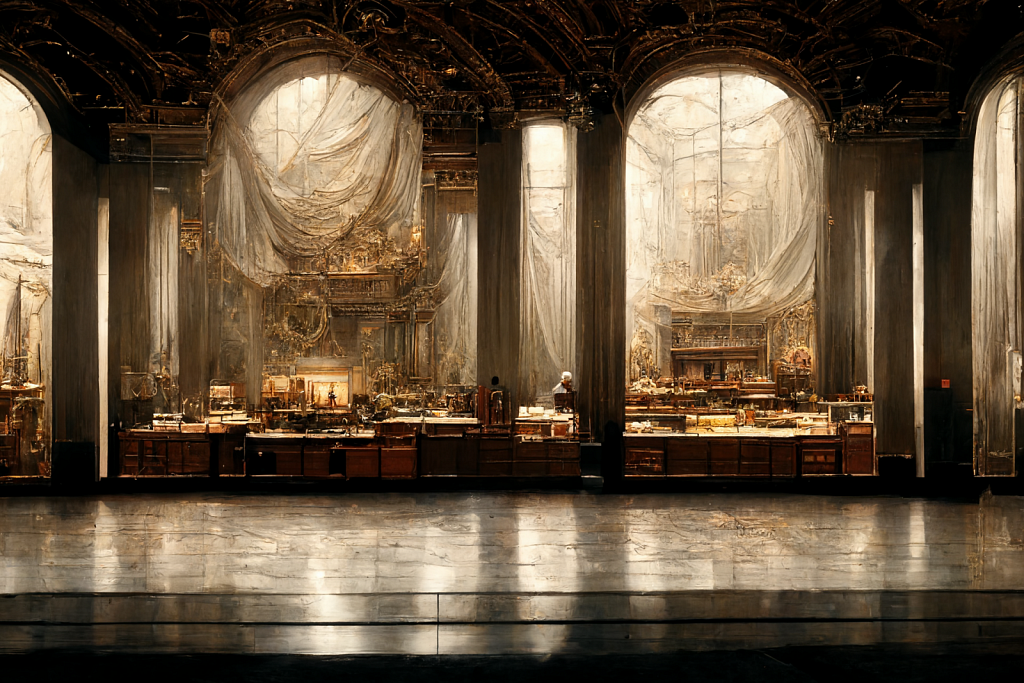 /imagine prompt: a vast empty opera stage presenting pieces of evidence —aspect 16:10